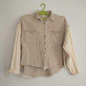 Pol Shacket Womens M/L/XL*Beige Cream Denim Canvas Cable Knit Fringes Oversized